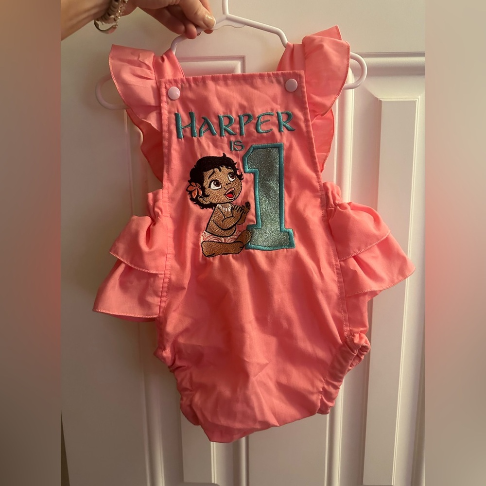 "Harper is 1" Moana (Disney) bubble gum pink ruffle romper 9-12 month